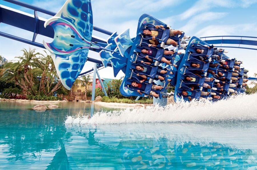 A roller coaster running out over the lagoon at SeaWorld Orlando